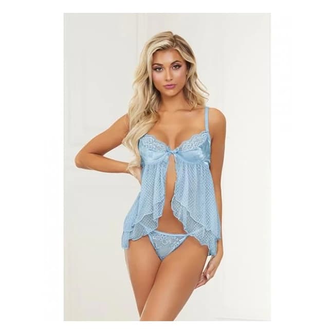 Satin Jacquard Dot Mesh Scallop Lace Babydoll & G-String, image 1