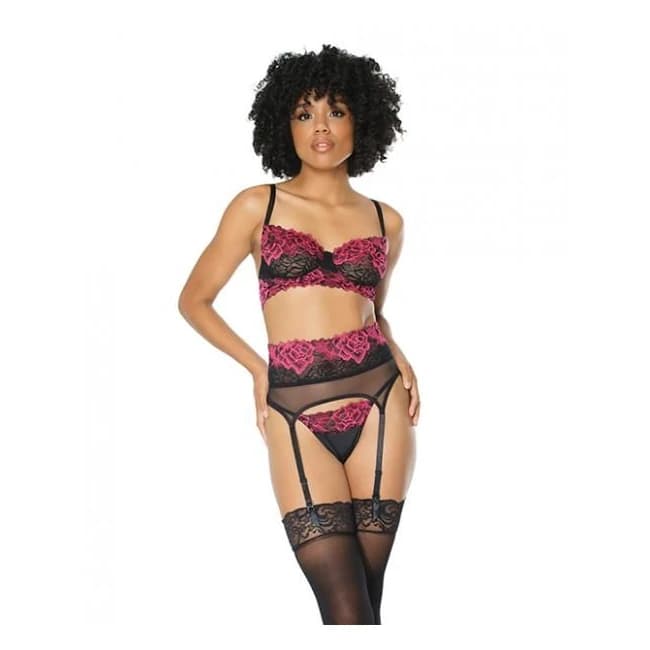 Scallop Stretch Lace & Sheer Nylon Bra, Garter Belt & G-String Black/fuchsia Md, image 1