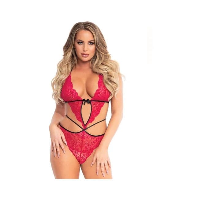 Scalloped Lace Teddy w/ Cross Straps and Panty S/M Fuchsia, image 1