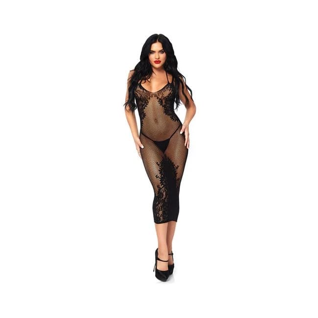 Seamless Net and Lace Dual Strap Halter Dress with Fauz Lace up Back O/S Black, image 1