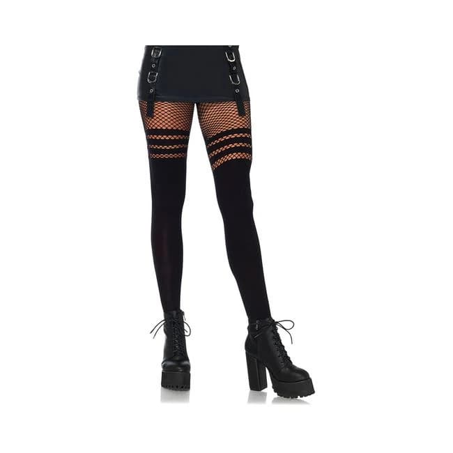 Seamless Opaque Faux Thigh High Pantyhose W/striped Fishnet Thigh O/s Black - Image 1 Seamless Opaque Faux Thigh High Pantyhose W/striped Fishnet Thigh O/s Black - Image 1