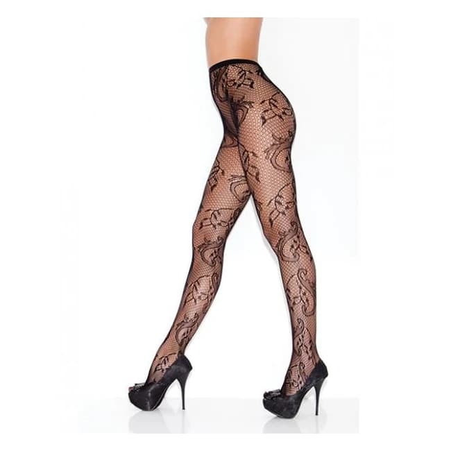 Secret Garden Floral Swirl Fishnet Pantyhose Black O/S, image 1