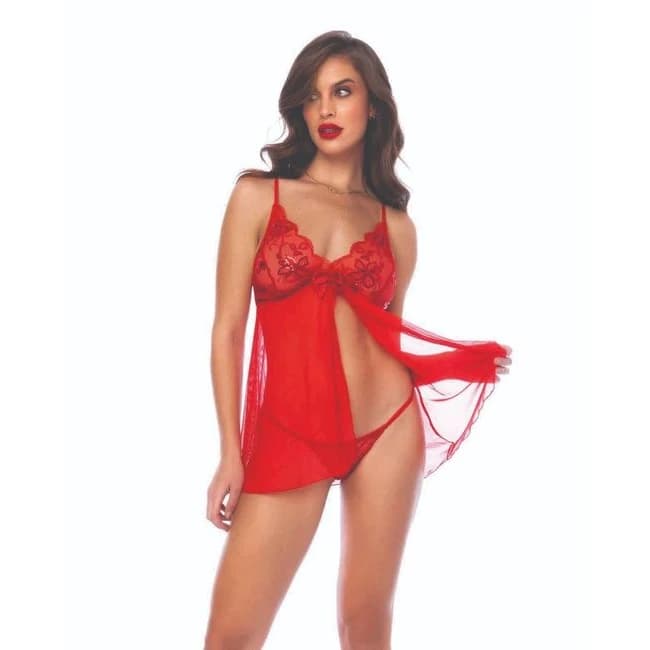 Sequin Embellished Babydoll w/ G-string - Red L/XL, image 1