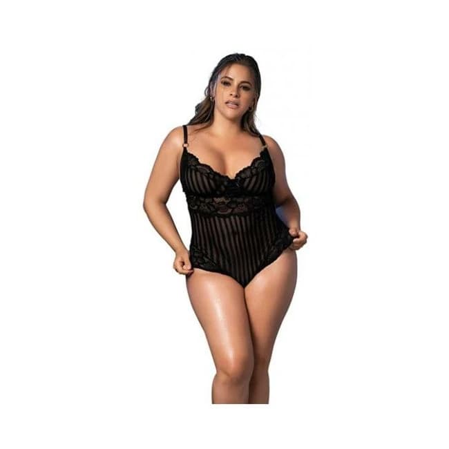 Shadow Stripe & Lace Teddy w/ Hook & Eye Closure Black 2x/3x, image 1