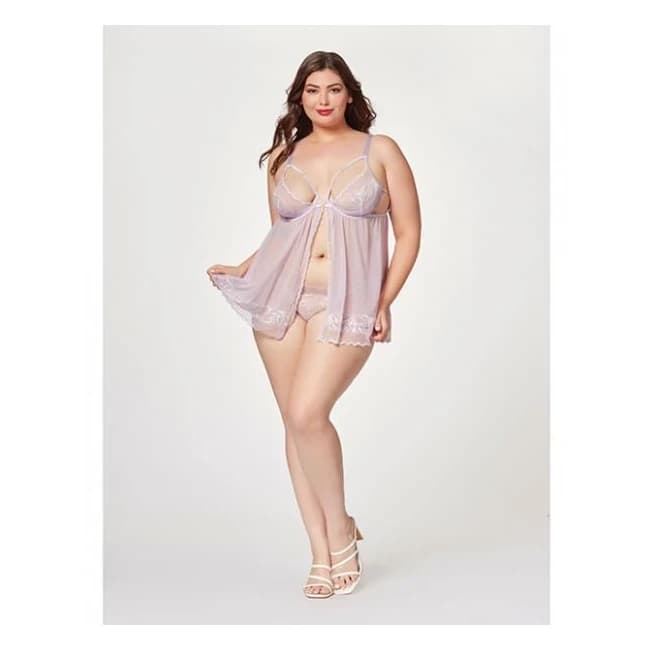 Sheer Mesh & Lace Demi Cup Babydoll & Thong Lavender 1x/2x, image 1