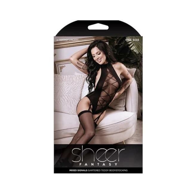 Sheer Mixed Signals Gartered High-Neck Teddy Bodystocking Black O/S, image 1