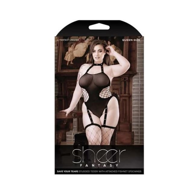 Sheer Save Your Tears Studded Halter Teddy with Net Sides and Attached Fishnet Stockings, image 1