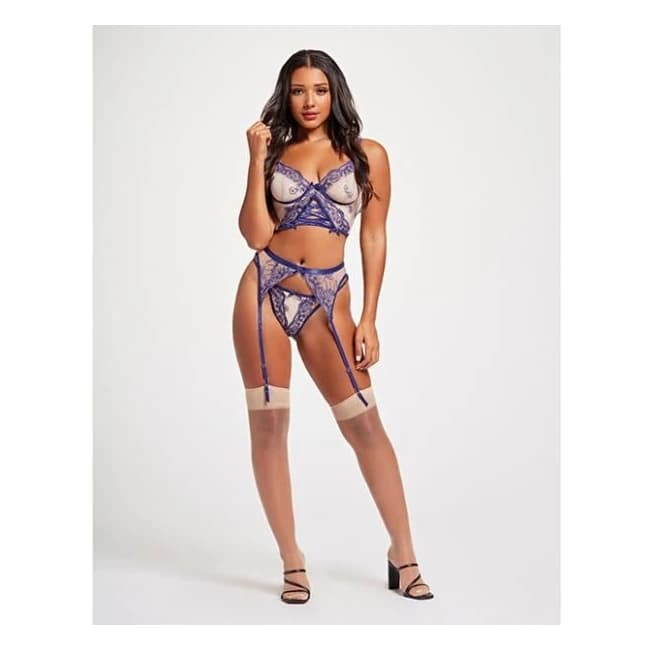Sheer Stretch Mesh w/ Floral Contrast Embroidery Bustier, Garter Belt & Thong Blue/nude, image 1