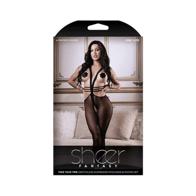 Sheer Take Your Time Crotchless Suspender Stockings & Flower Pasties Set, image 1