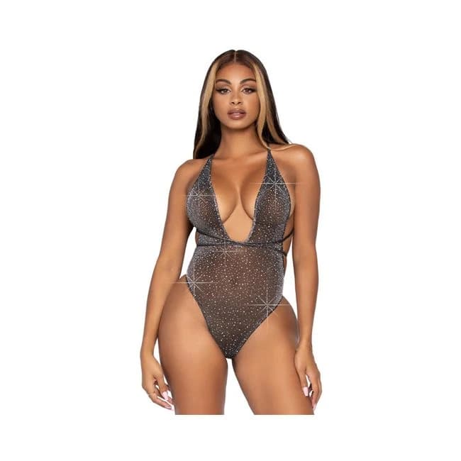 Shimmer Sheer Lunex Rhinestone Teddy, Thong Wrap Around Straps Black Os, image 1