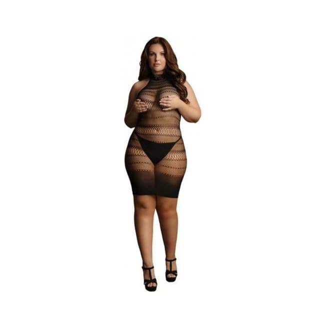 Shots Le Desir High Lace Neck Net Mini Dress Black Queen Size, image 1