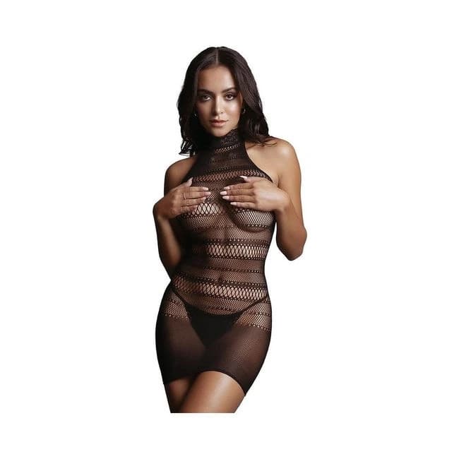 Shots Le Desir High Lace Neck Net Mini Dress Os Black, image 1