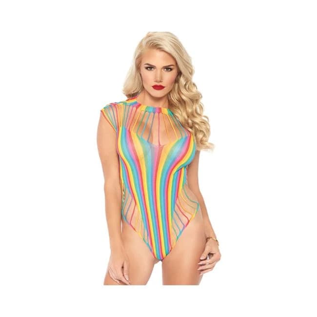 Shredded Opaque Cut Out Teddy with Snap Crotch Rainbow O/S, image 1