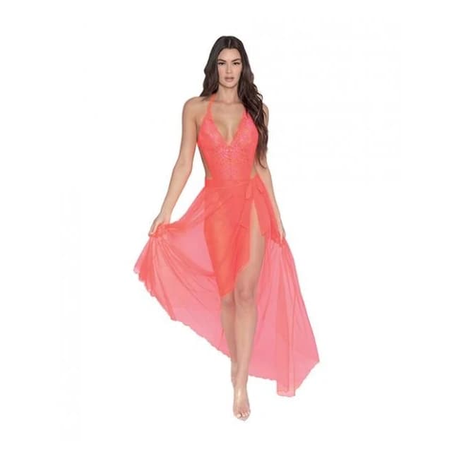 Simply Sexy Stretch Lace Teddy & Sheer Mesh Maxi Skirt w/ Adjustable Straps & G-String Coral, image 1