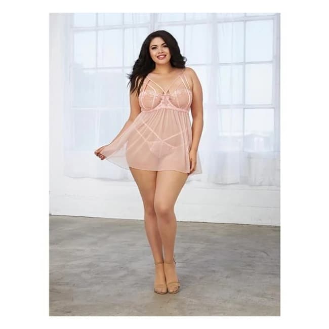 Simply Sexy Stretch Shimmer Mesh Chemise w/ Panty Pink Champagne 1x, image 1