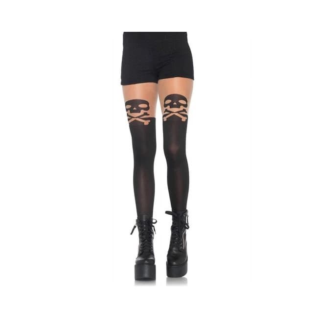 Skull, Crossbone Opaque Pantyhose Thigh Accent O/s Black - Image 1 Skull, Crossbone Opaque Pantyhose Thigh Accent O/s Black - Image 1
