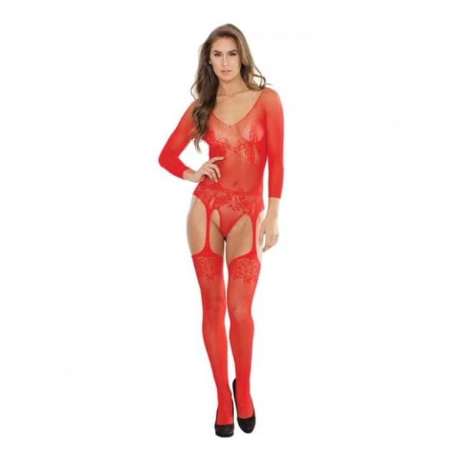 Sleek Stretch Net Long Sleeve Teddy, Stockings Red O/S, image 1