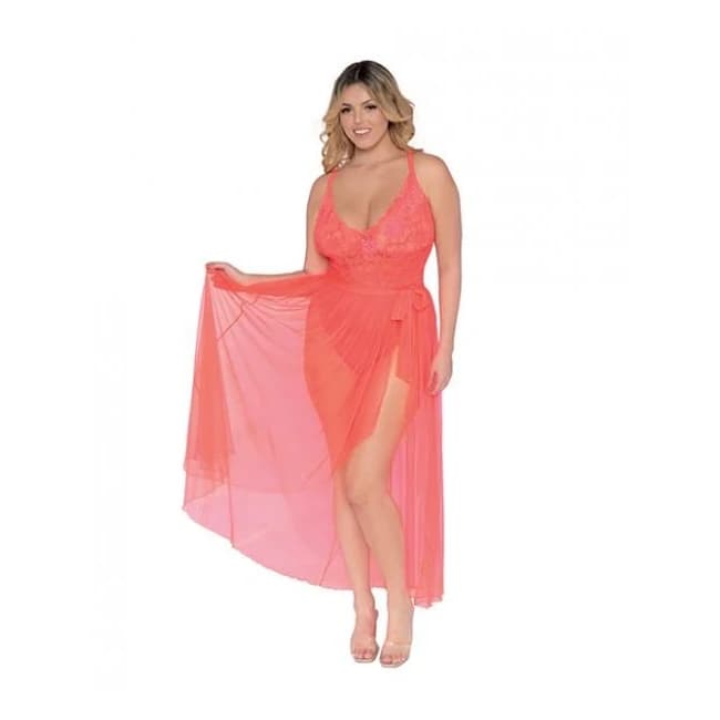 Smply Sxy Strtch Lace Teddy(modified)& Sheer Mesh Maxi Skrt w/ Adjstabl Strps & G-Strng Coral 3x, image 1