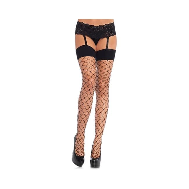 Spandex Fence Net Stockings with Reinforced Toe and Comfort Wide Band 1x-2x Black, image 1