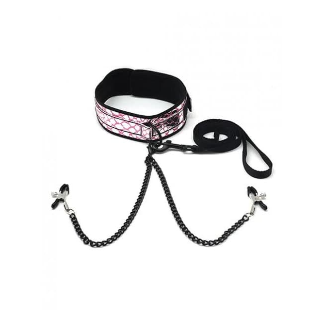 Spartacus Faux Leather Collar & Leash Black Nipple Clamps Gold, image 1