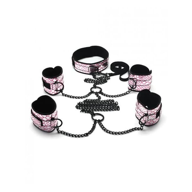 Spartacus Faux Leather Collar to Wrist & Ankle Restraints Bondage Kit w/ Leash - Pink, image 1
