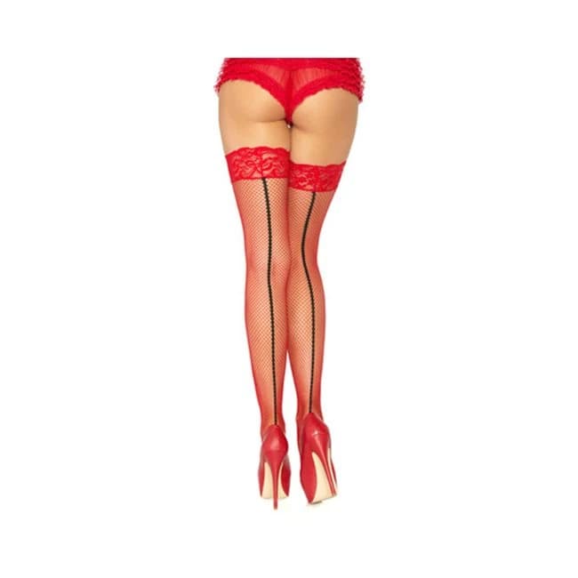 Stay up Lace Top Back Seam Fishnet Thigh Highs Red Black O/S, image 1