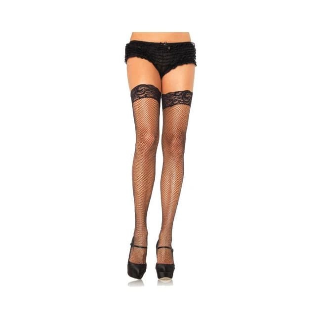 Stay up Lycra Fishnet w/ Lace Top Thigh Hi O/S Black, image 1