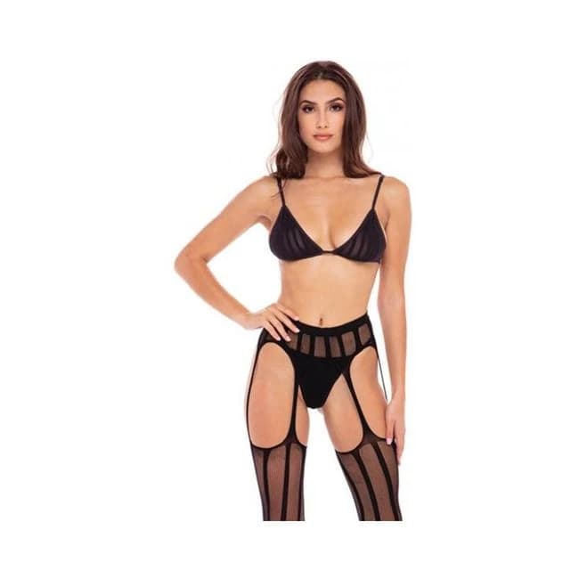 Straight up 3-Piece Sheer Striped Bra, Thong, and Garter Set, image 1