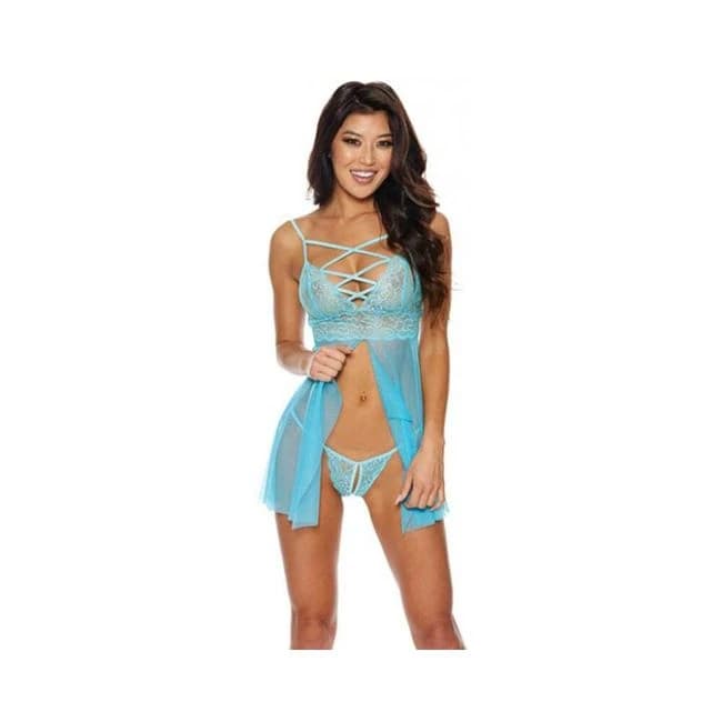 Strappy Lace & Mesh Babydoll w/ G-string - Turquoise, image 1