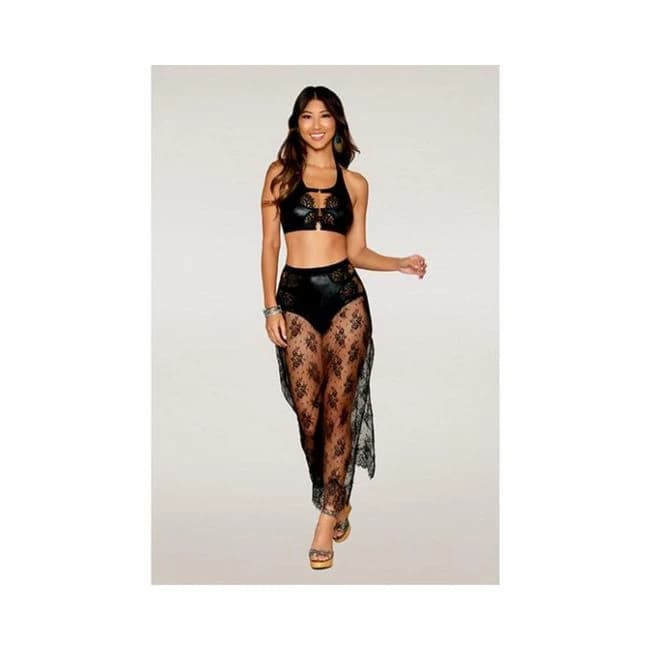 Stretch Faux Leather and Eyelash Lace Bralette w/ High-waisted Panty - Black Md, image 1