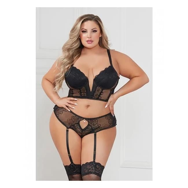 Stretch Lace Cropped Bustier & Cheeky Panty Black 1x/2x, image 1