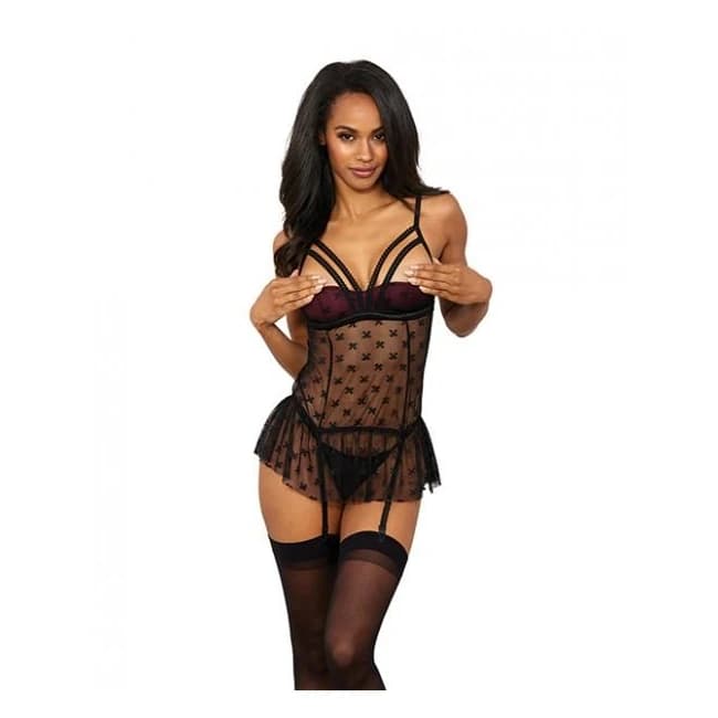 Stretch Mesh Bow Pattern Babydoll w/ G-string Black/burgundy, image 1