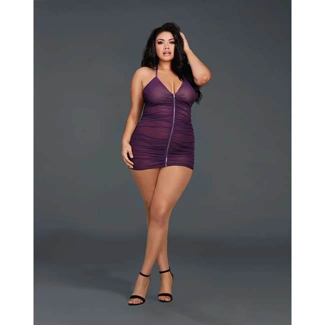 Stretch Mesh Chemise W/ Shirring Detail & G-String Plum Queen, image 1