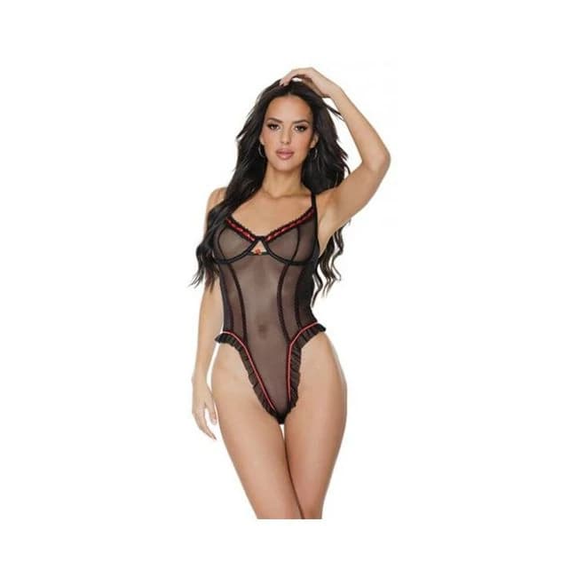 '=Stretch Mesh Underwire Teddy w/ Ribbon Detail Black, image 1