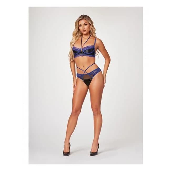 Stretch Satin & Eyelash Lace Demi Cup Bra & Panty Black/blue, image 1