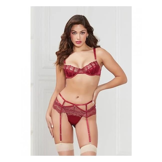 Stretch Satin & Lace Balconette Cup & Garter Panty Wine, image 1
