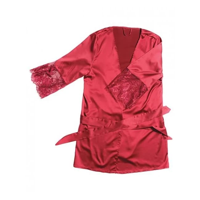 Stretch Satin Robe Lace Details Sleeves Red O/S, image 1