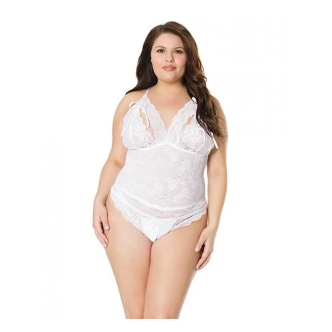 Stretch & Scallop Lace Crotchless Teddy White Os/xl, image 1
