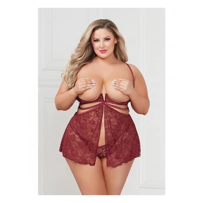Super Sexy Stretch Lace Babydoll w/ G-string Wine Qn, image 1
