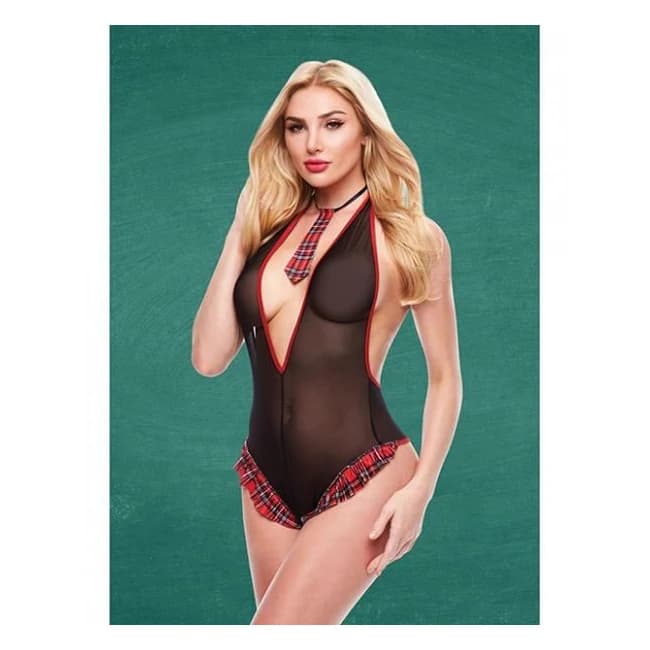 Teacher's Pet Schoolgirl See Thru Crotchless Teddy w/ Tie Black/red, image 1