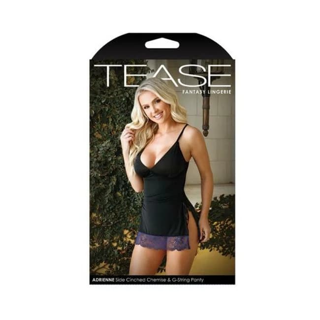 Tease Adrienne Side-Cinched Microfiber Chemise with Floral Lace Trim & G-String Panty, image 1