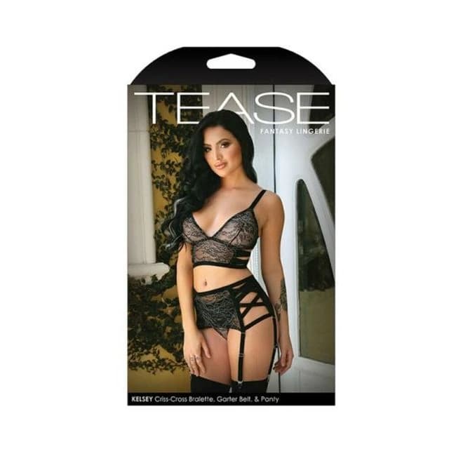 Tease Kelsey Criss-Cross Metallic Lace Bralette, Garter Belt, & Panty, image 1