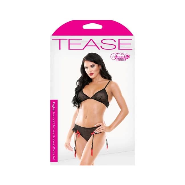 Tease Regina Microdot Bra & Lace up Panty Set with Detachable Garters Black M/L, image 1
