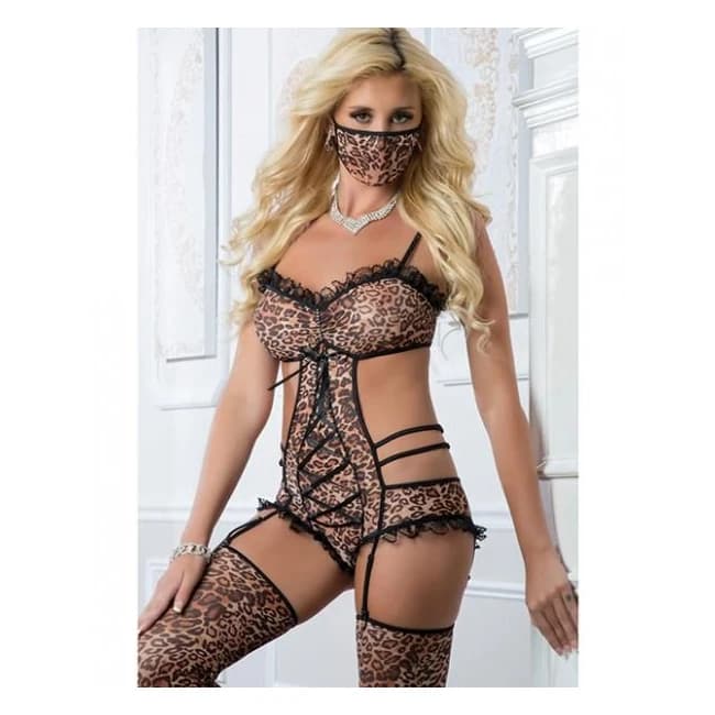 Teddy w/ Garters, Face Mask & Stockings Gold Leopard O/S, image 1