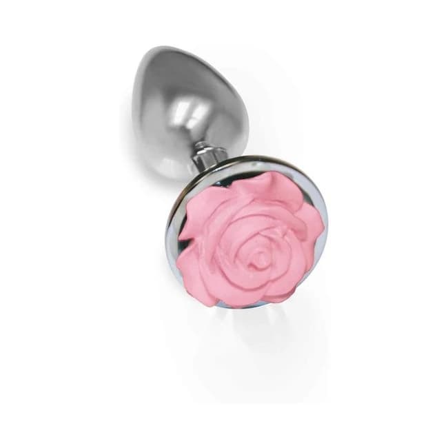 The 9"s the Silver Starter Rose Floral Stinless Steel Butt Plug Pink, image 1