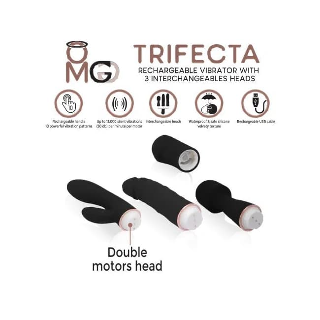 Trifecta Rechargeable Vibrator W/ 3 Interchangeable Heads Black - Image 1 Trifecta Rechargeable Vibrator W/ 3 Interchangeable Heads Black - Image 1