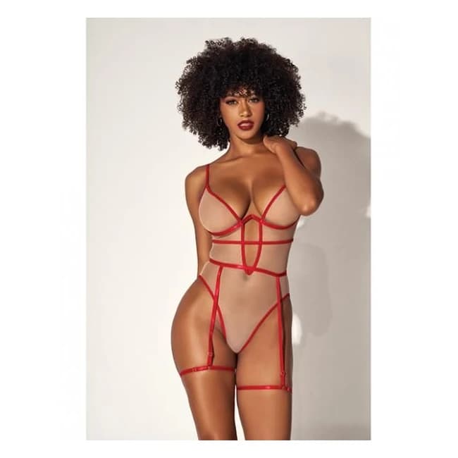 Underwire Bodysuit w/ Cut Out Heart Back Nude/red, image 1