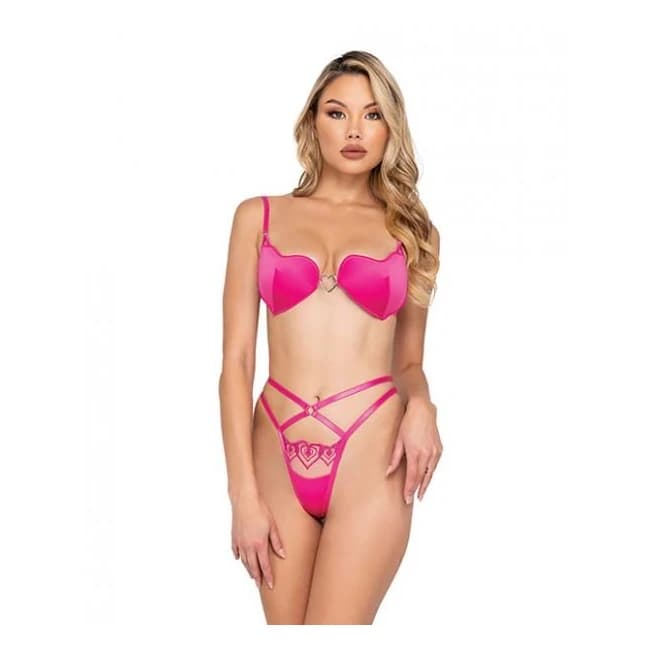 Valentine Bubblegum Heart Satin Bra & Metallic Lace Embroidered Thong Pink Xl - Image 1 Valentine Bubblegum Heart Satin Bra & Metallic Lace Embroidered Thong Pink Xl - Image 1