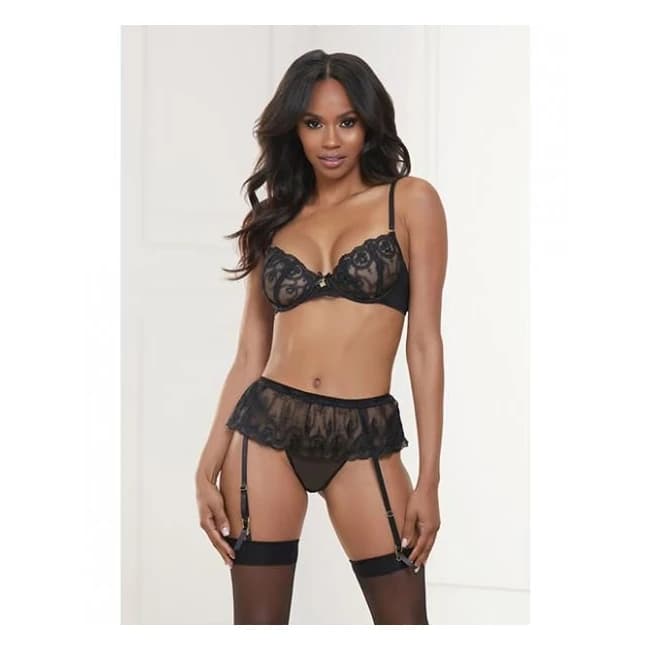Valentine Embroidered Lace & Mesh Bra, Garter Skirt & G-String Black XL, image 1