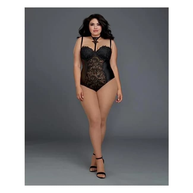 Venice Lace, Faux Leather Teddy Snap Crotch Black 1x, image 1